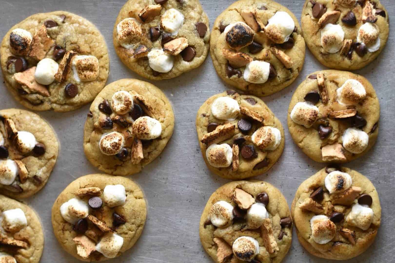 s'mores chocolate chip cookies shot from above on baking sheet