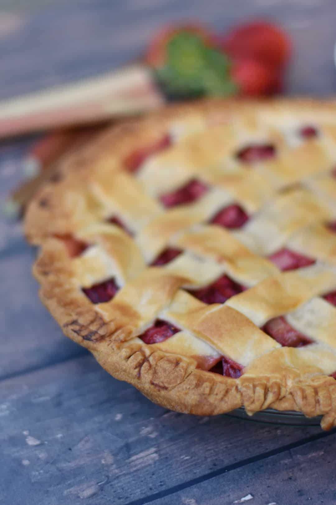 close up of strawberry rhubarb pie