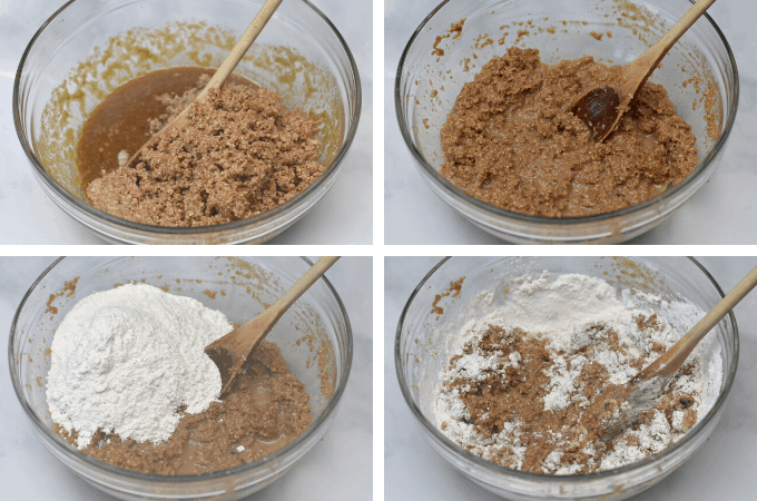 process shot of mixing wet and dry ingredients together for miniature bran muffins