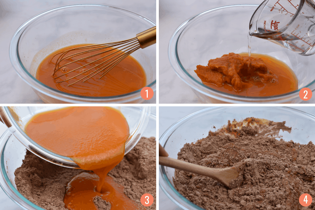 collage of four images showing mixing of wet and dry ingredients for muffin batter