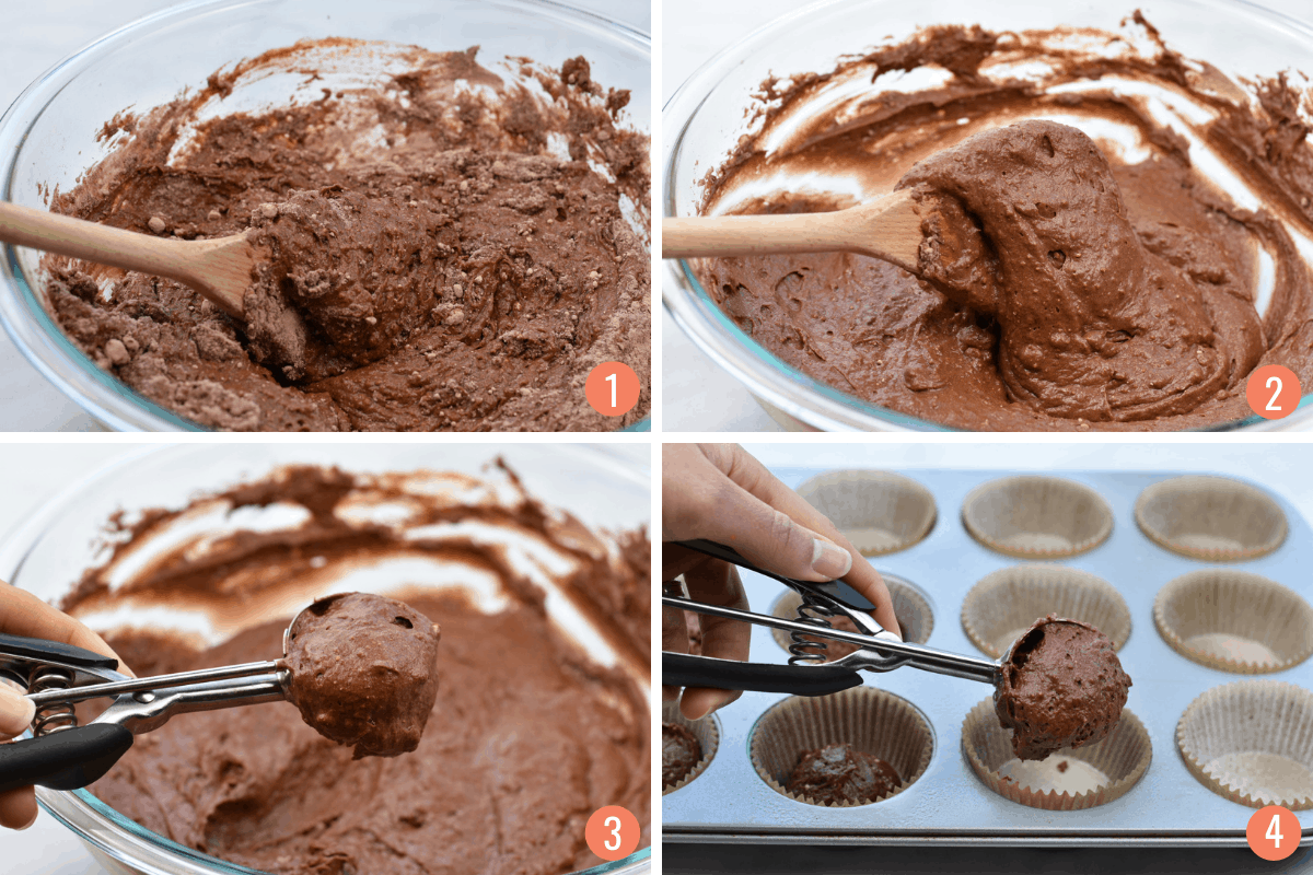 collage of 4 images showing mixing of muffin batter