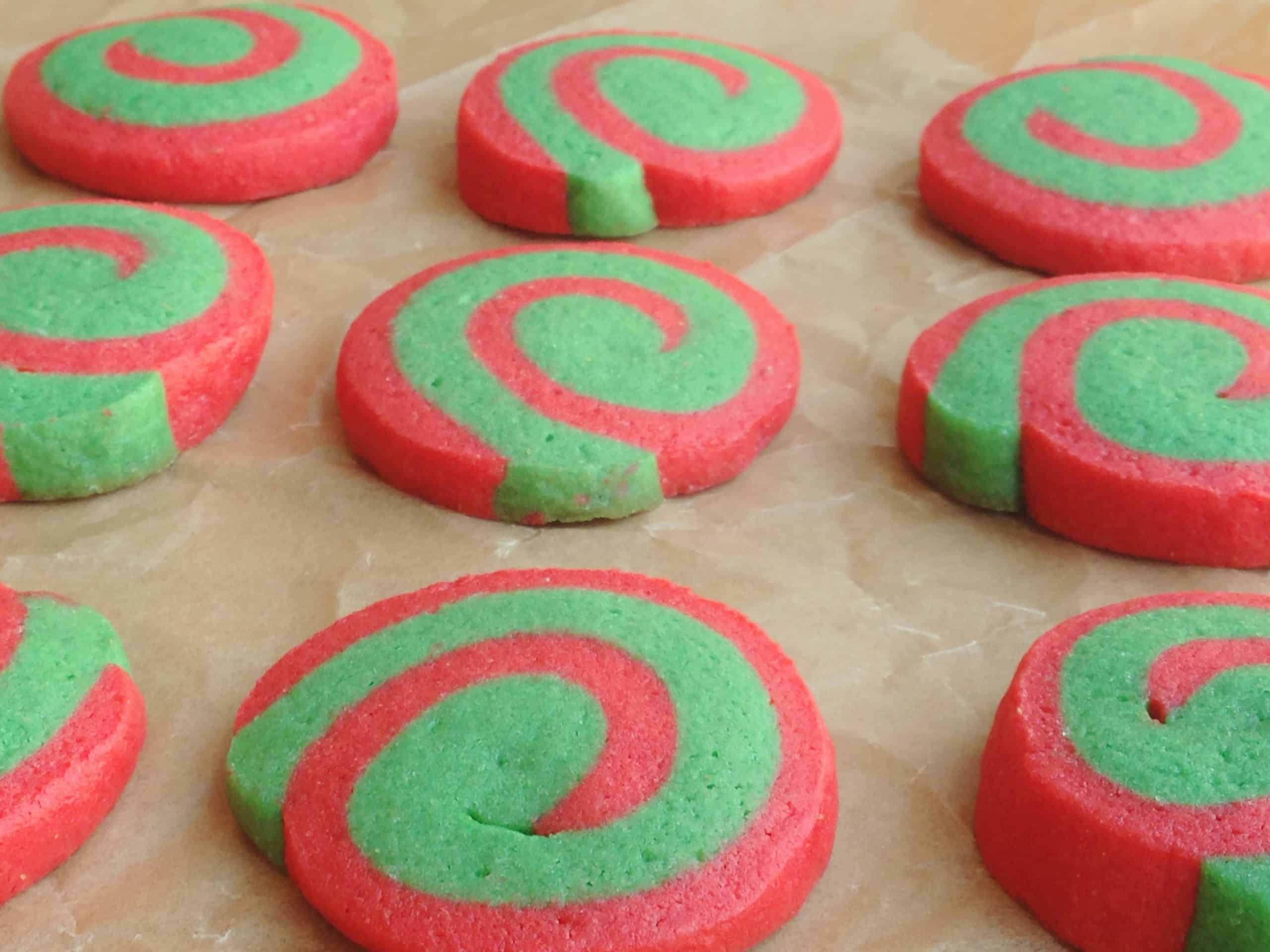 pinwheel cookies on a baking sheet