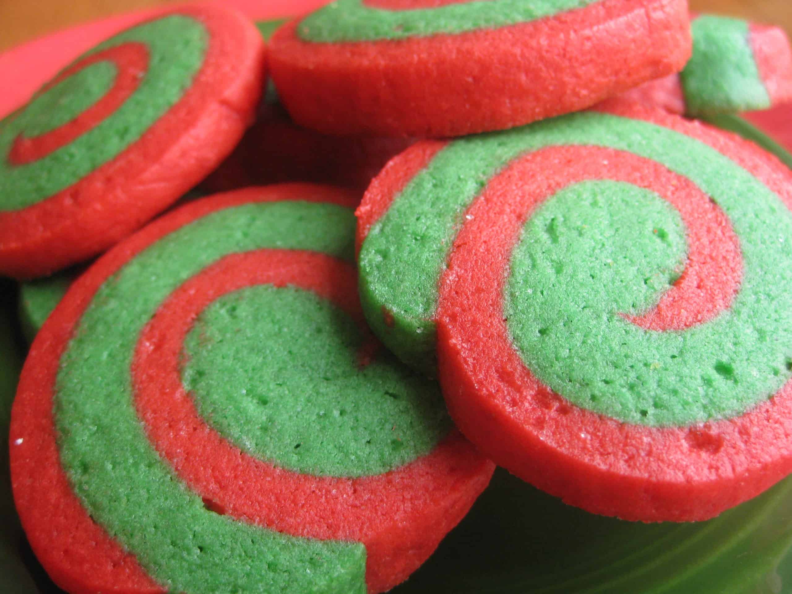 closeup of red and green pinwheel cookies