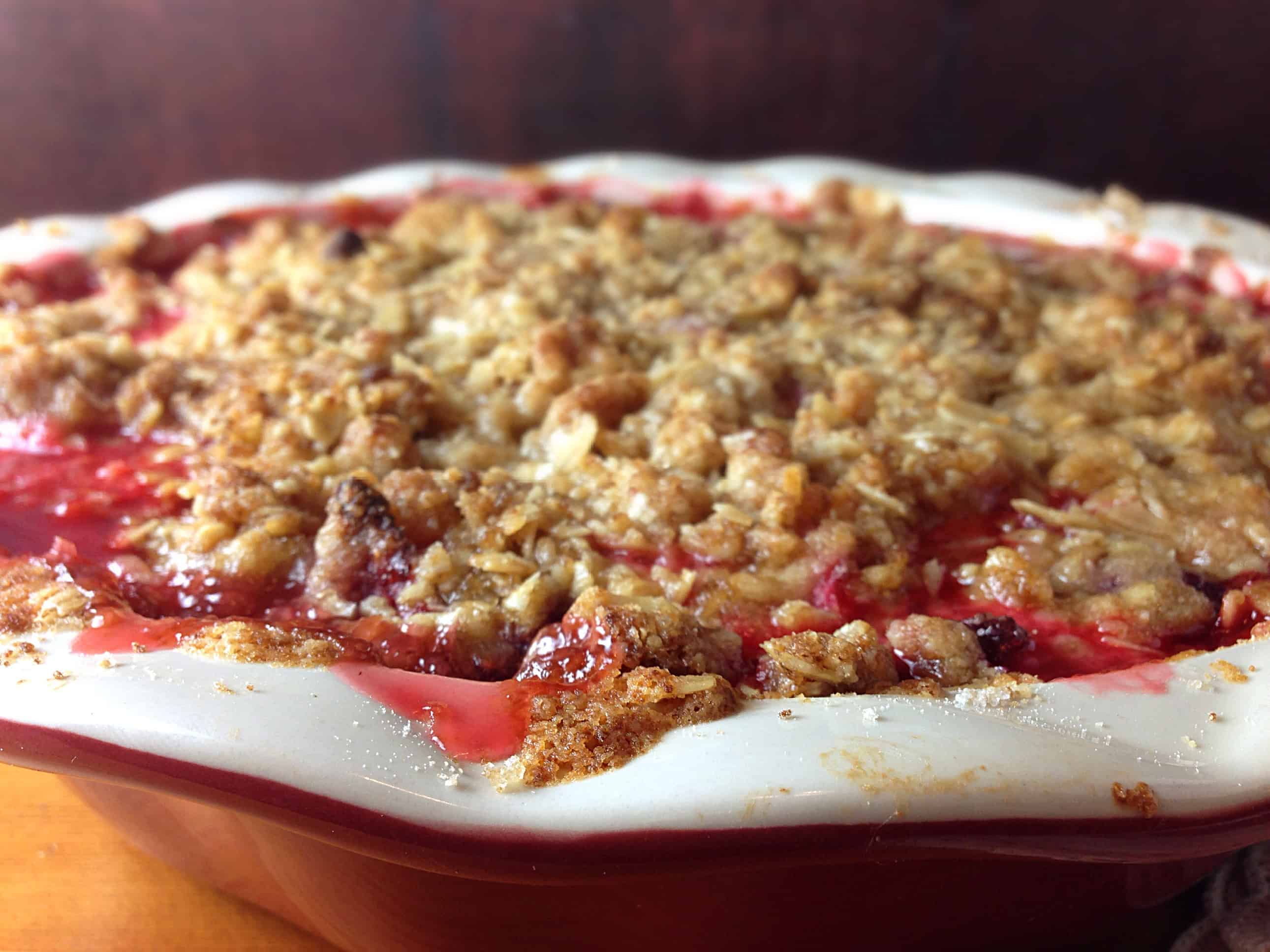 rhubarb crisp bubbling out of the oven