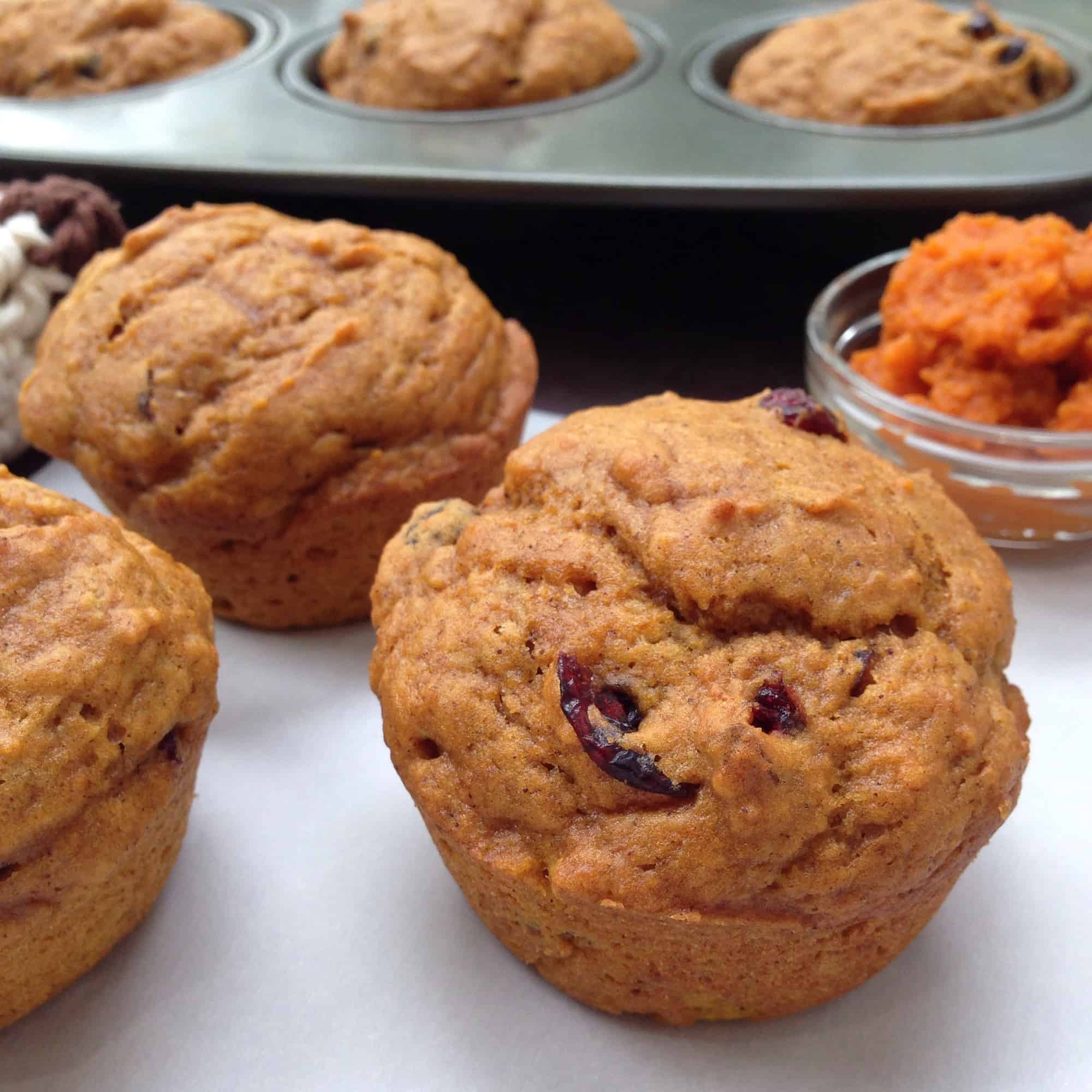 closeup of pumpkin muffins with cranberries