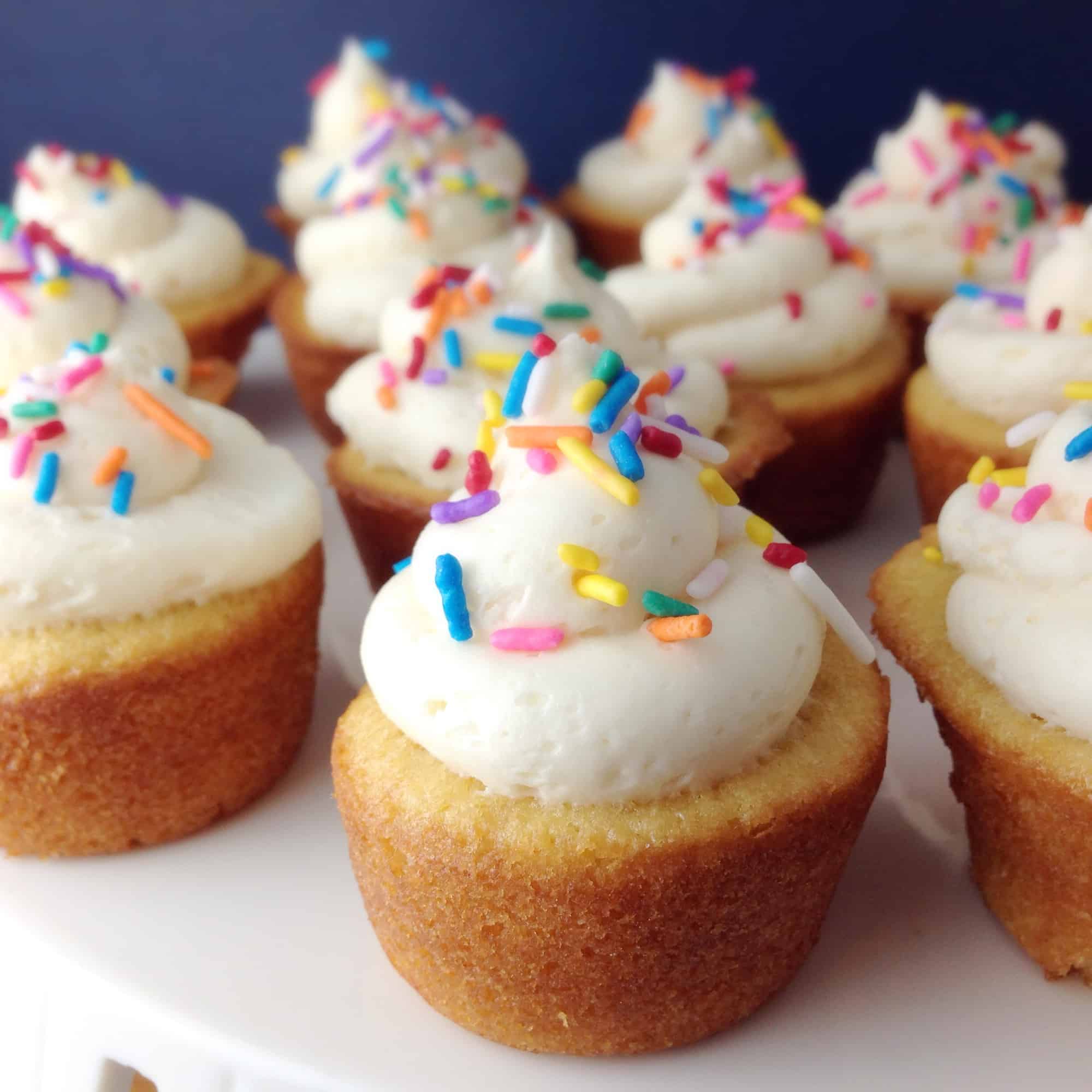 closeup of one mini vanilla cupcake