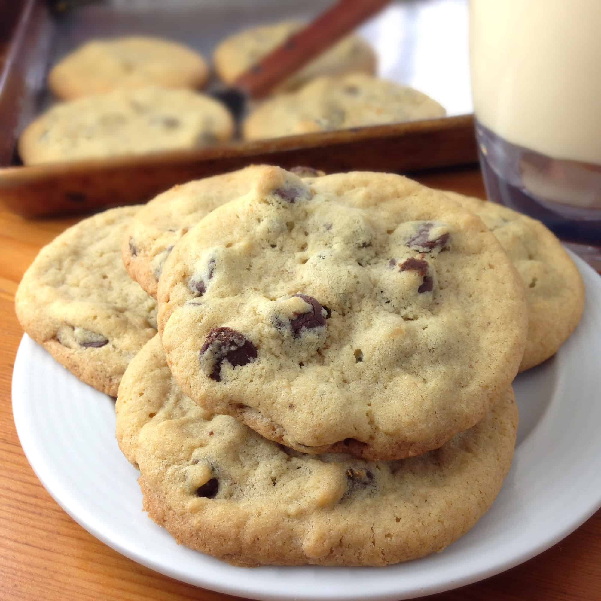 closeup of chocolate chip cookies on a plate 