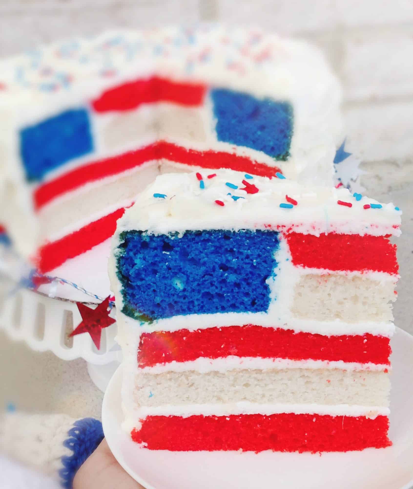 closeup of flag cake slice sitting on a plate