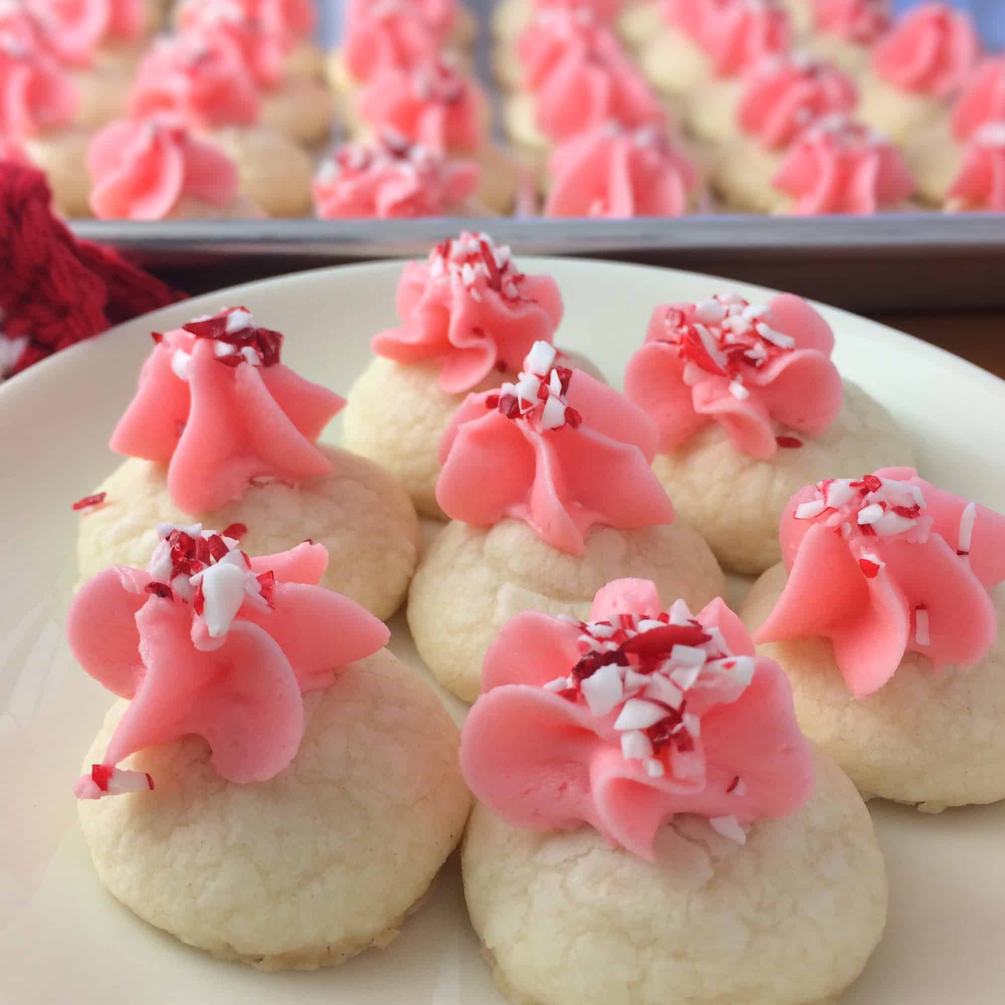 peppermint shortbread cookies sitting on a platter