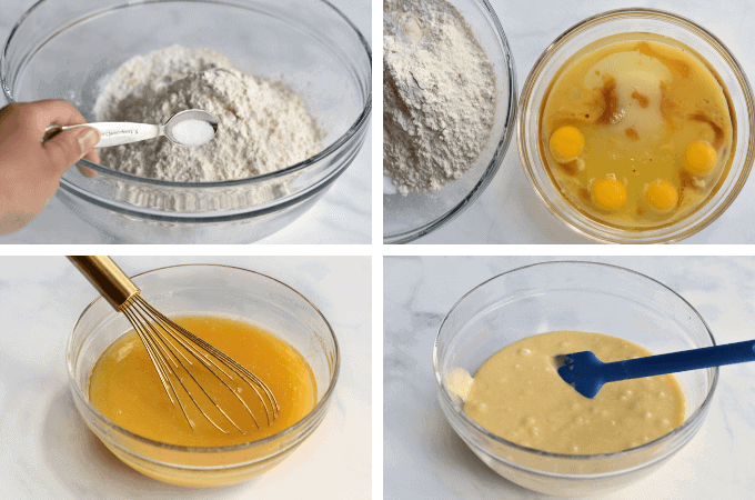 four process shots of wet and dry ingredients in batter
