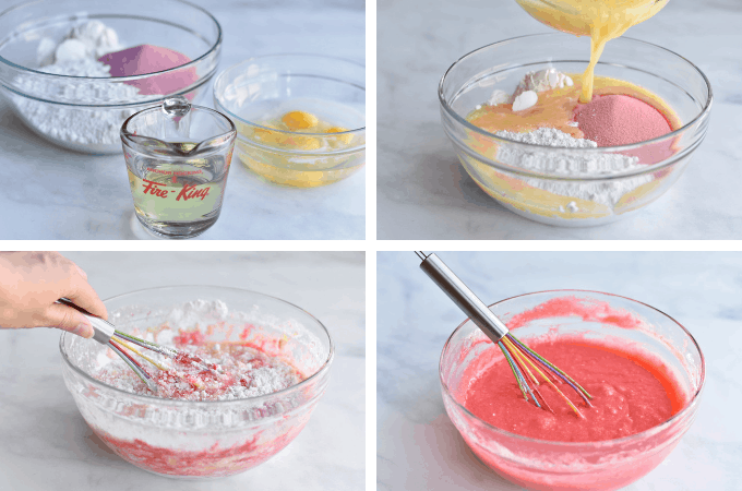 four pictures showing batter mixing for strawberry cake