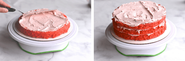 two pictures of frosting layers of strawberry cake