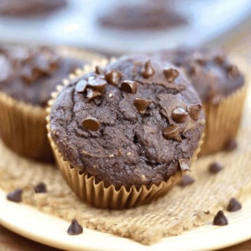 closeup of chocolate muffin on plate