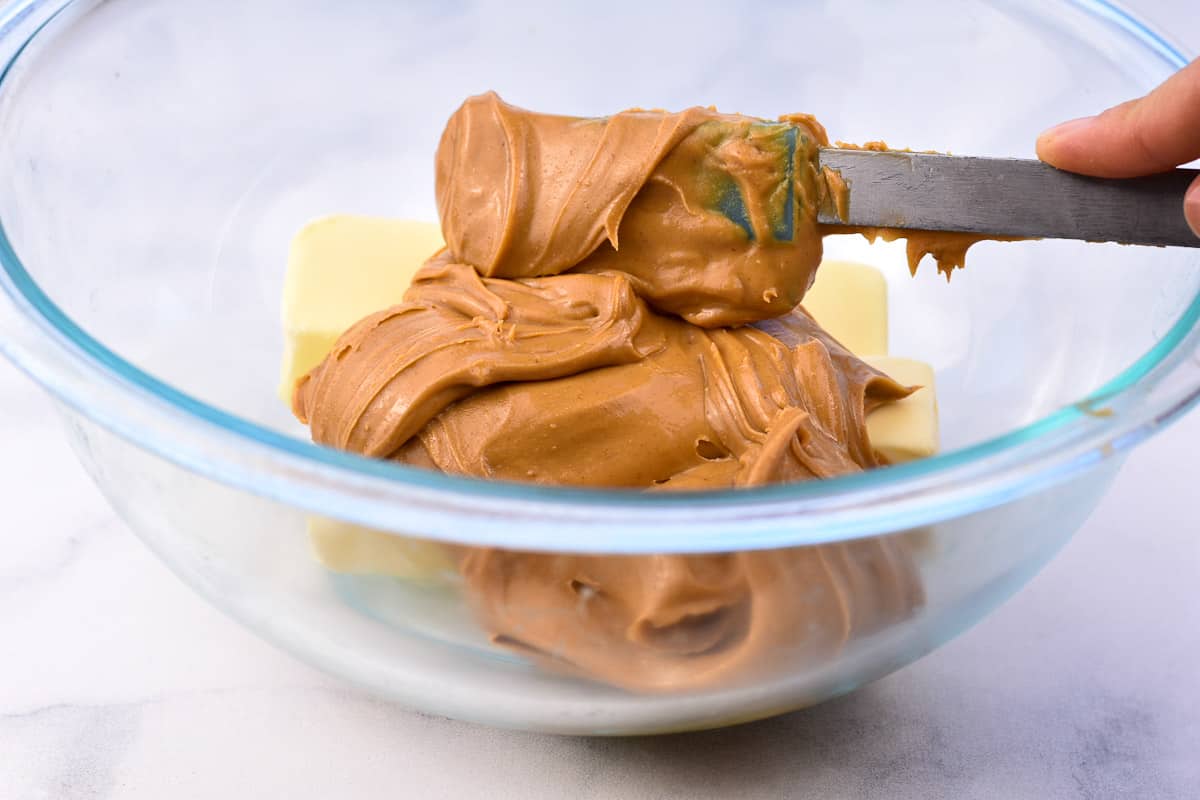 process shot of peanut butter and butter in bowl