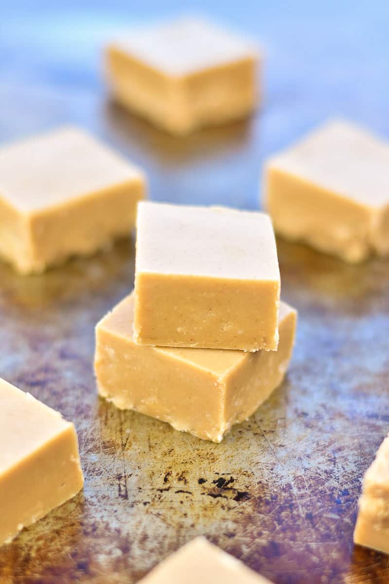 old fashioned peanut butter fudge stacked on a baking sheet