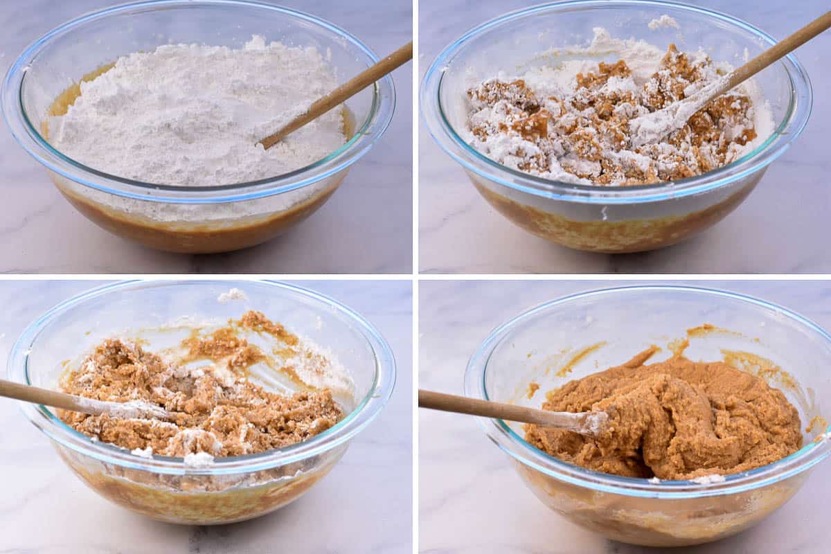 collage of four image of peanut butter and confectioners sugar