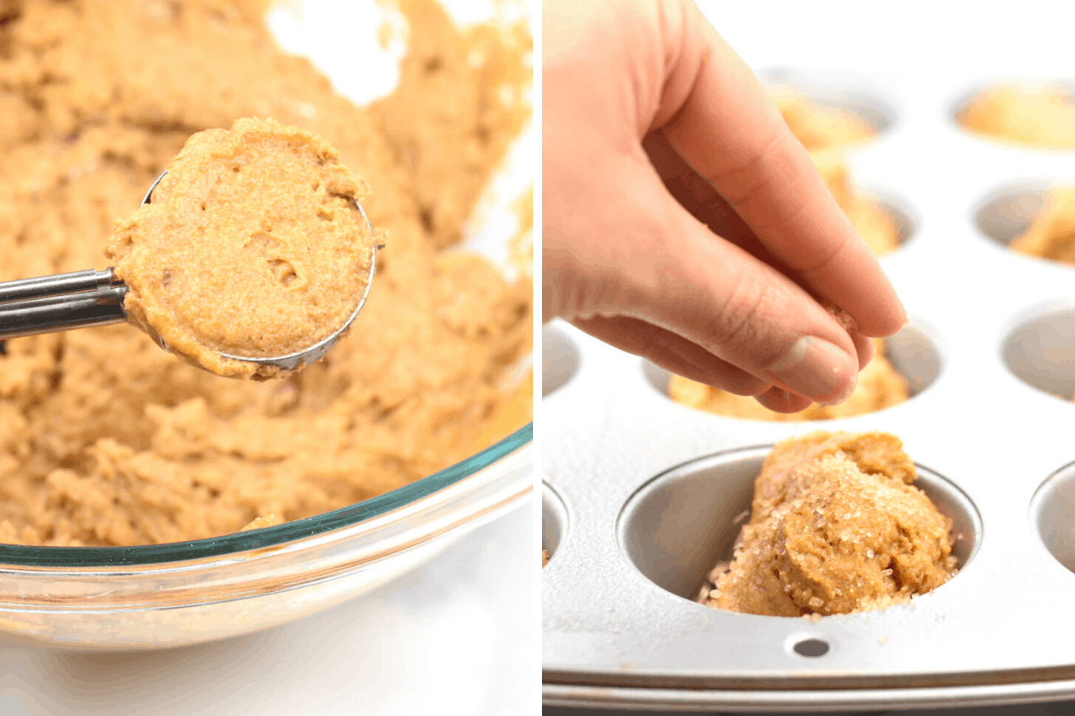 whole wheat pumpkin muffin batter in pan with hand sprinkling sugar