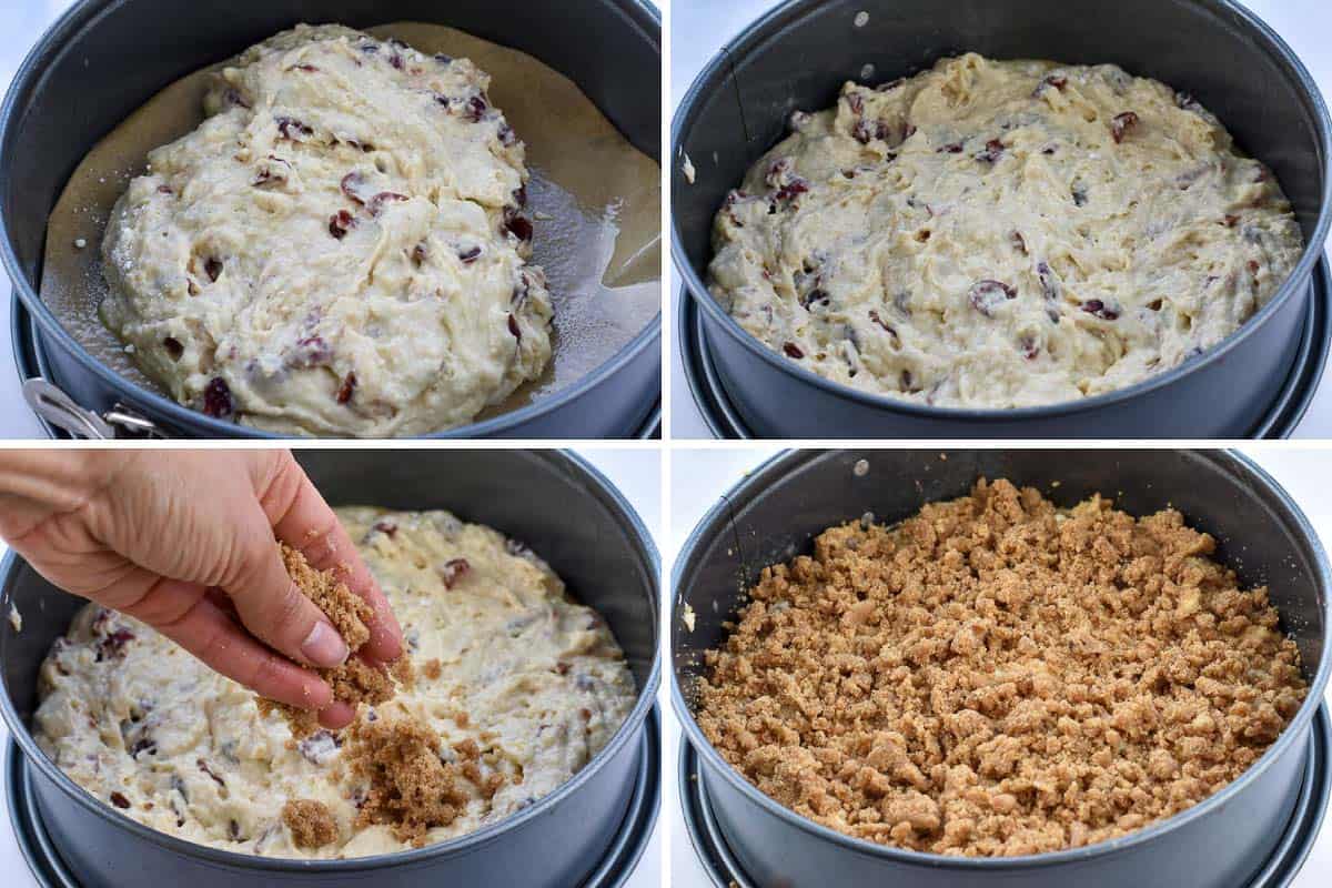 collage of four photos showing batter in pan with topping