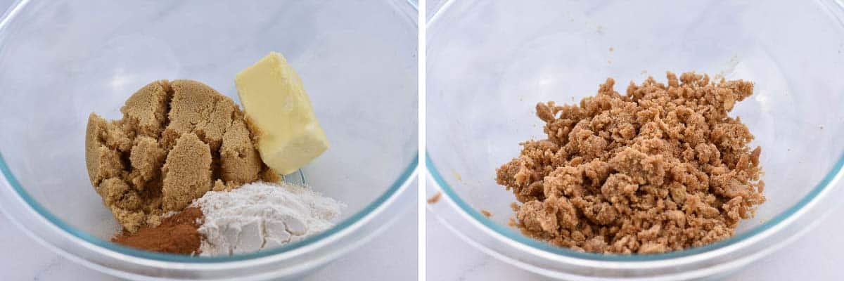 collage of two pictures showing mixing of streusel topping