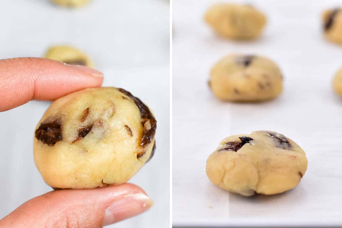 closeup of cookie dough shaped into ball