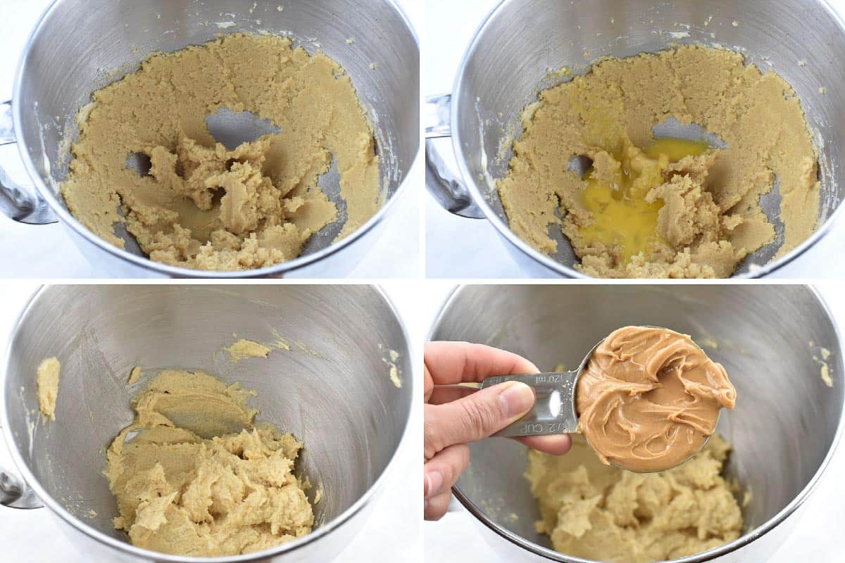 collage of four photos showing creaming of butter