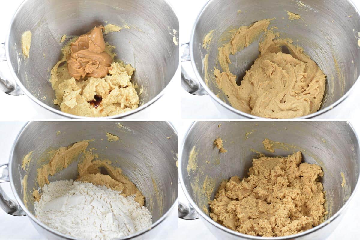 collage of four photos showing mixing of cookie batter