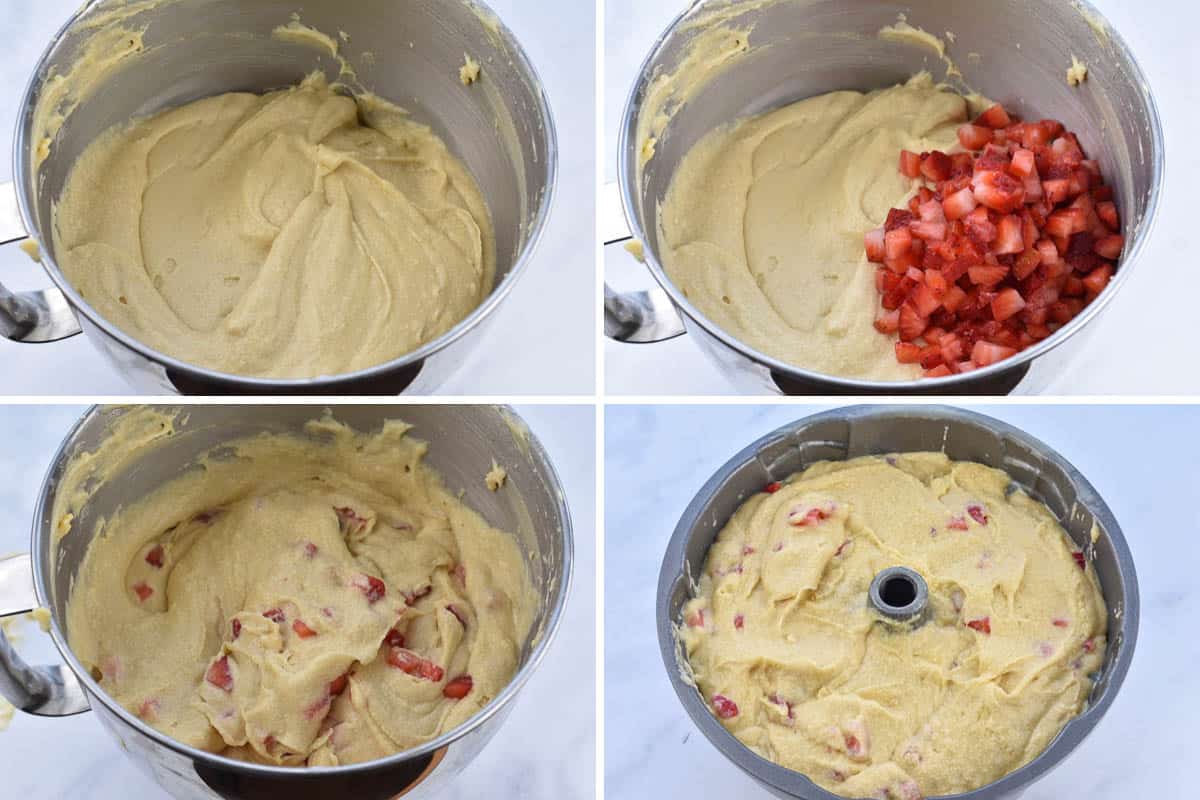 collage of four photos showing cake batter with strawberries