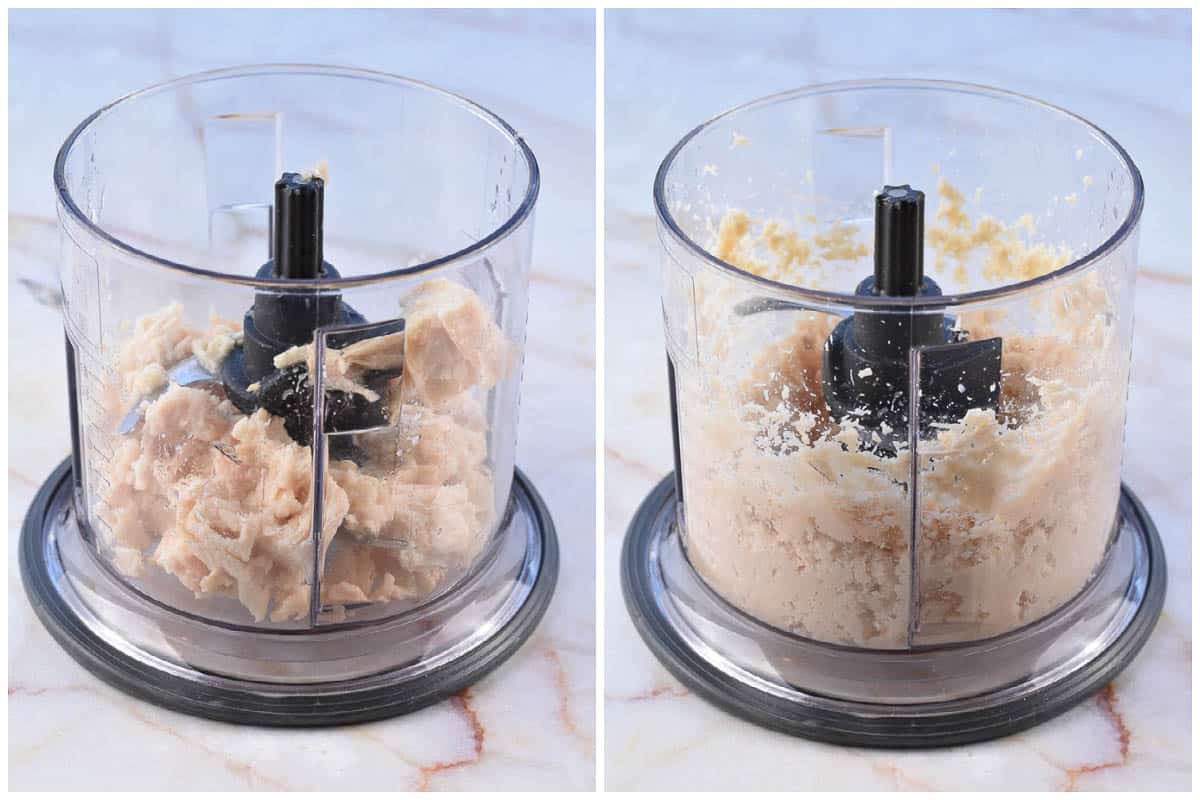 collage of two images showing tuna in small blender