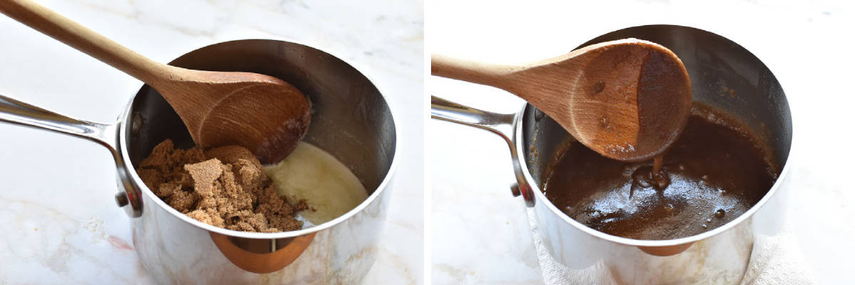 collage of two pictures showing butter and brown sugar mixed together in a pan