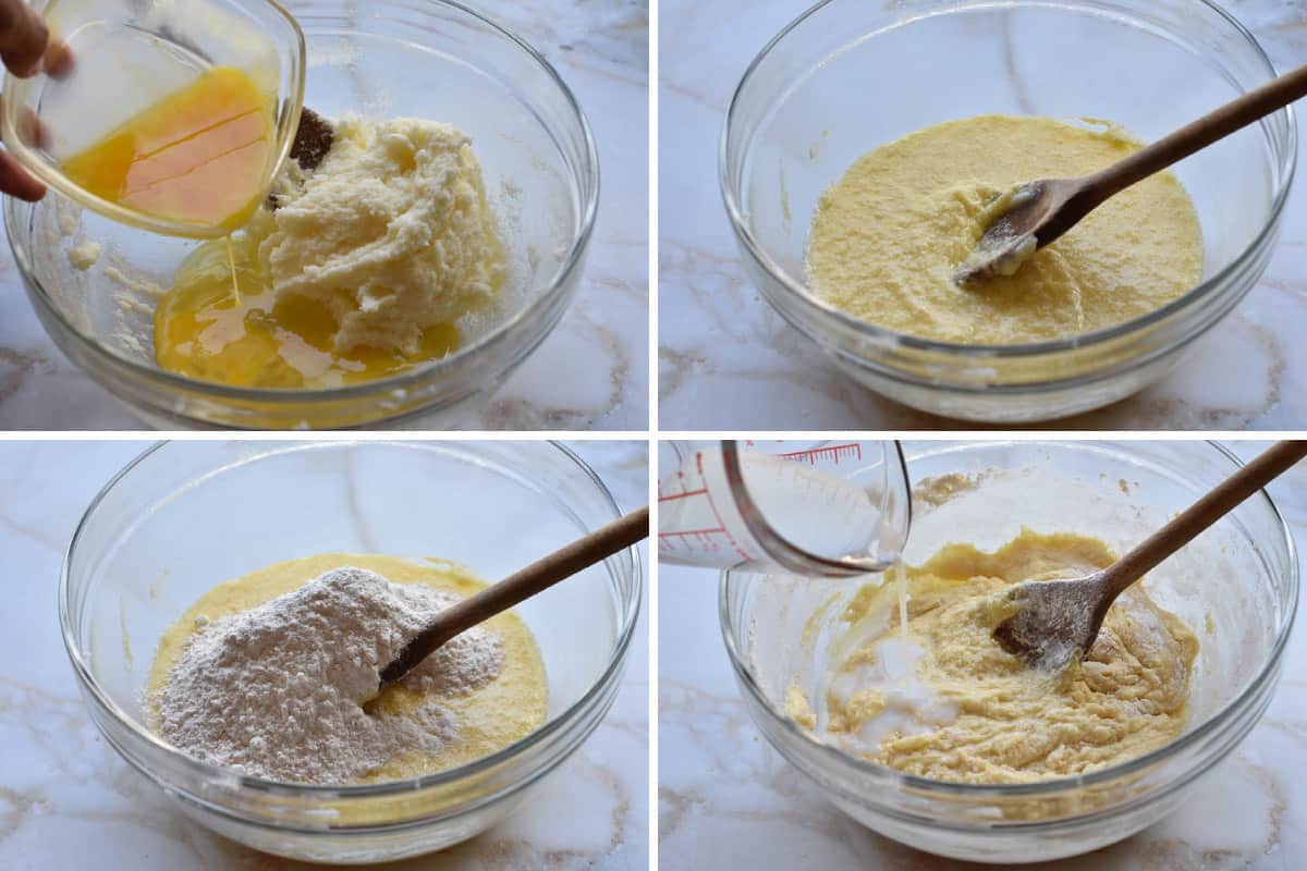 collage of four photos showing the mixing of  wet and dry ingredients for the batter. 