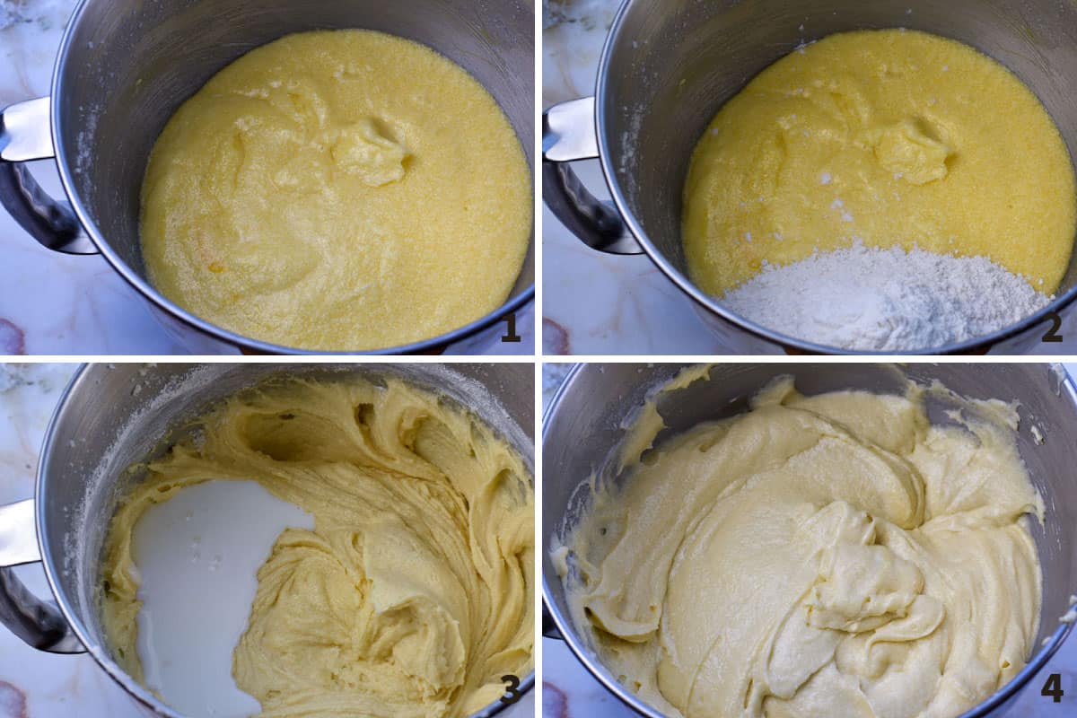 collage of 4 photos showing mixing of dry and wet ingredients