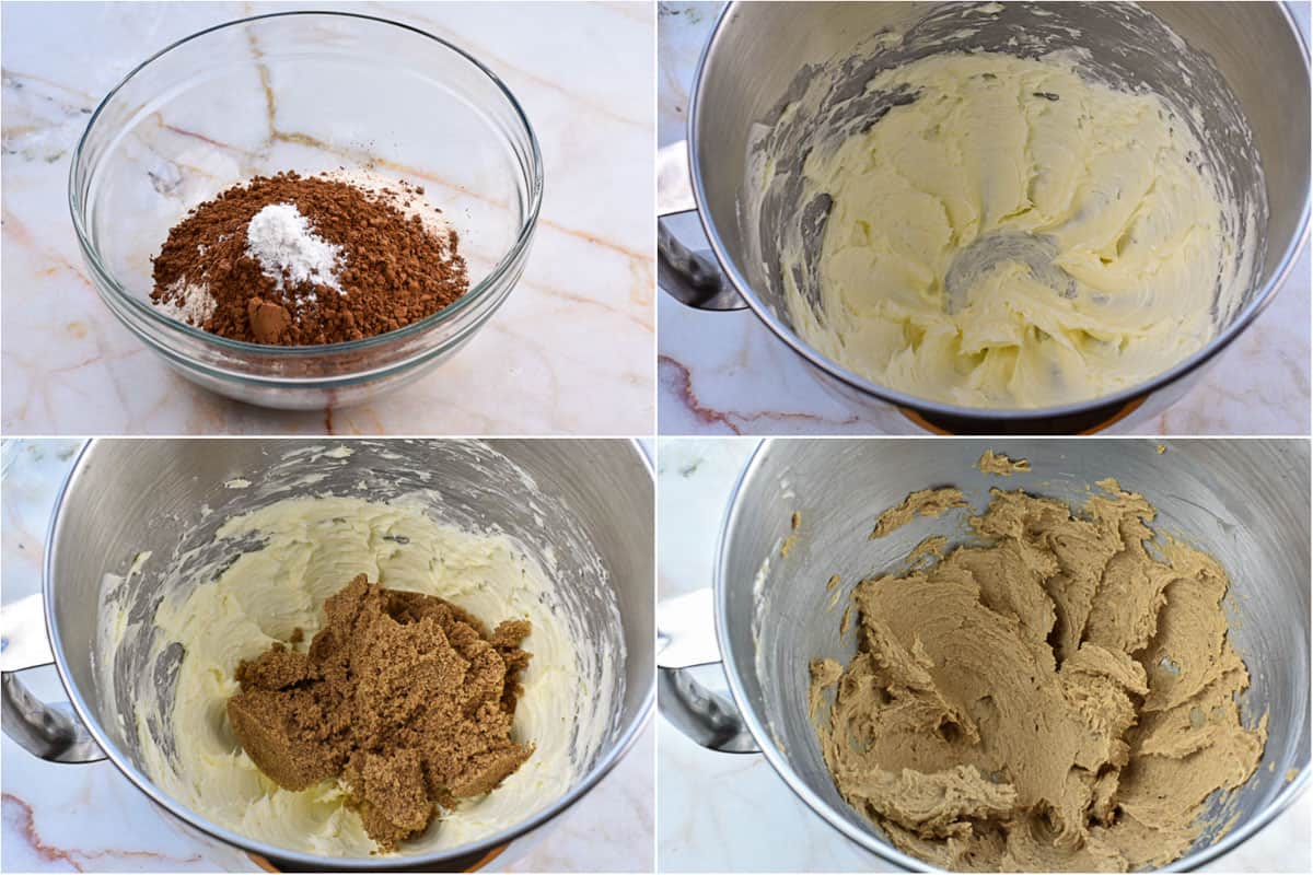 collage of 4 images showing creaming of butter and sugar.