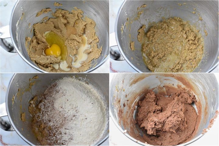 collage of four images showing mixing batter and adding cocoa