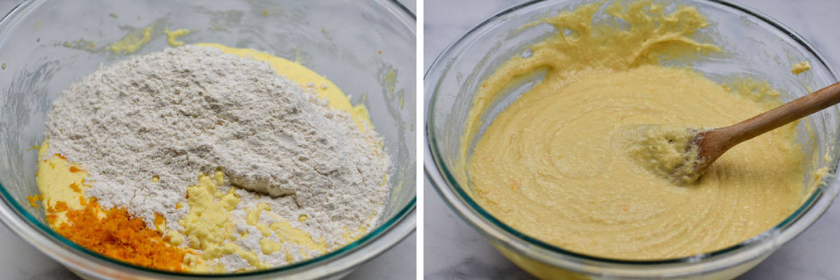 collage of two photos showing dry ingredients mixing into wet