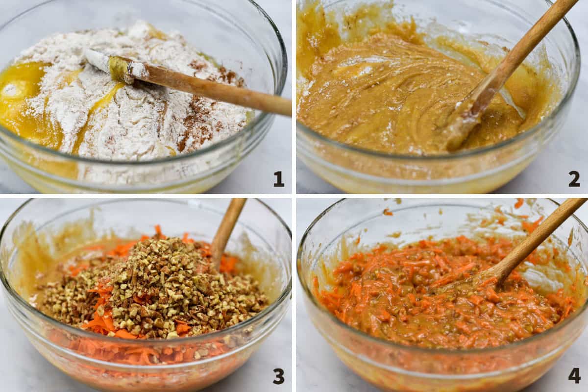collage of four images showing wet and dry ingredients being mixed together