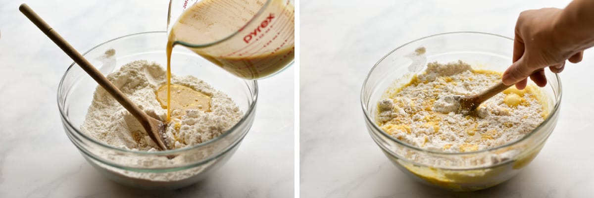 collage of two photos showing mixing of wet and dry ingredients