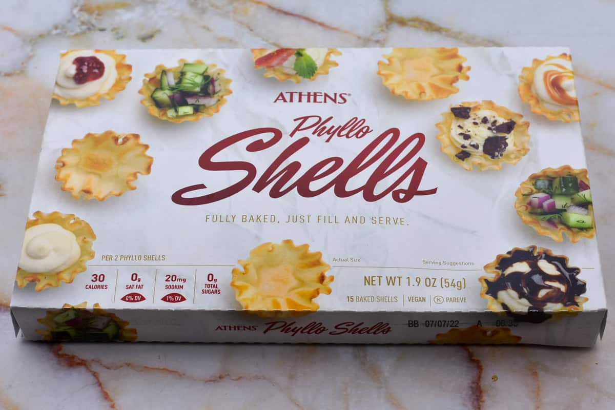 box for phyllo shells sitting on the counter.