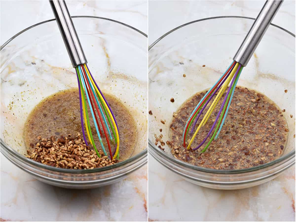collage of two images showing mixing pecans into tart filling