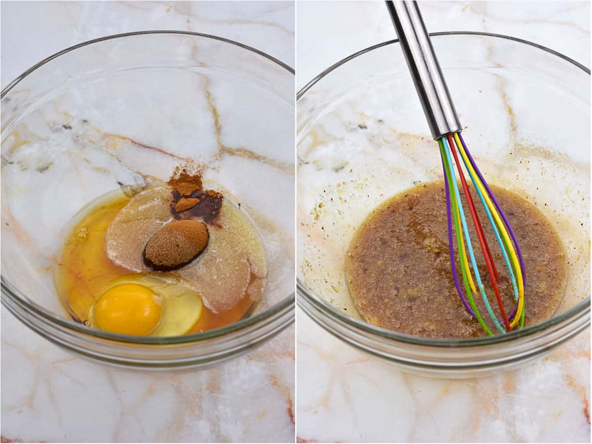 collage of two images showing mixing wet ingredients for tart filling