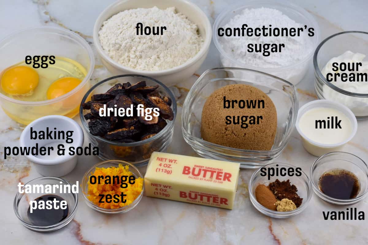 all ingredients for the fig cake measured and labeled.