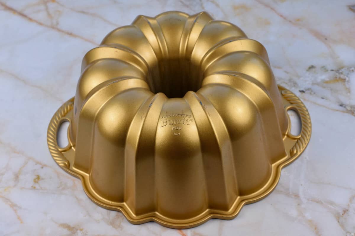 bundt cake pan upside down on the counter.