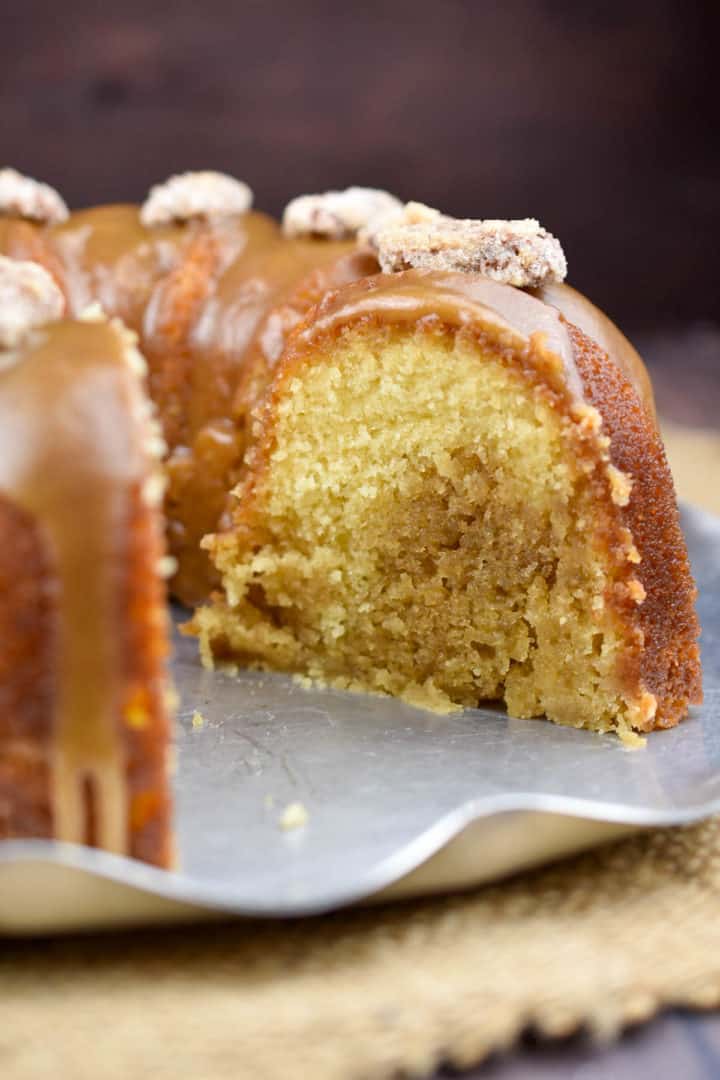 close up image of butter cake with bourbon glaze.
