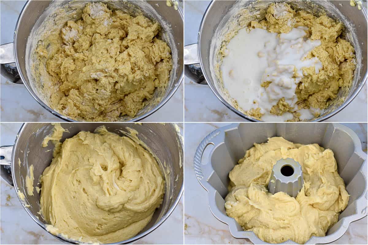 collage of four images showing mixing dry and wet batter ingredients.