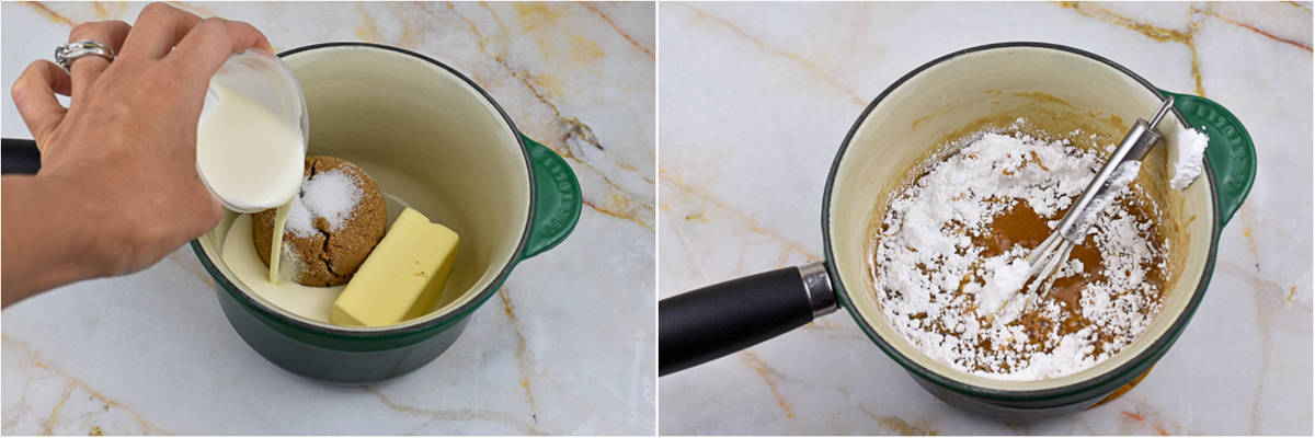 collage of two images showing mixing of ingredients for salted caramel glaze.