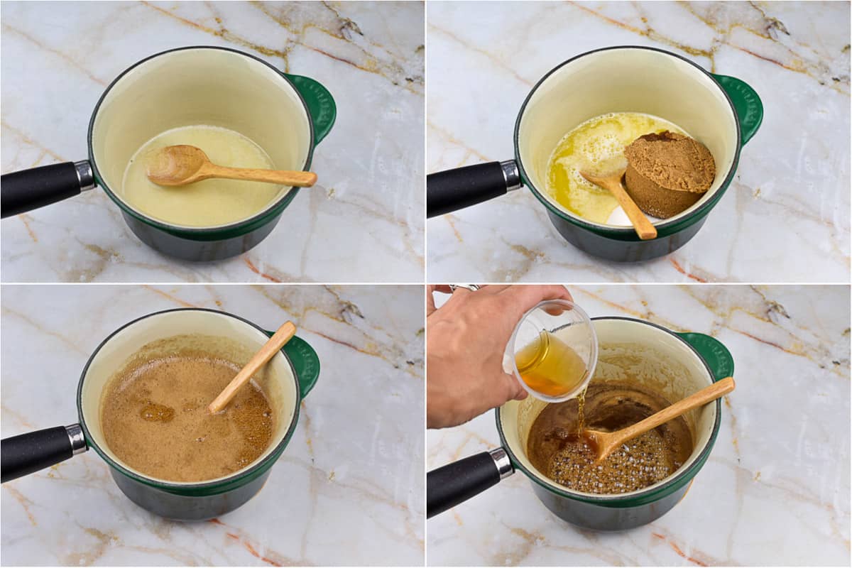 collage of 4 images showing mixing of bourbon-butter sauce.