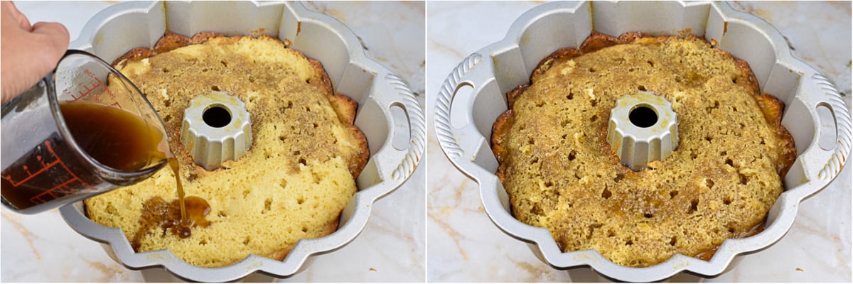 two image collage showing poking holes in cake and pouring glaze.