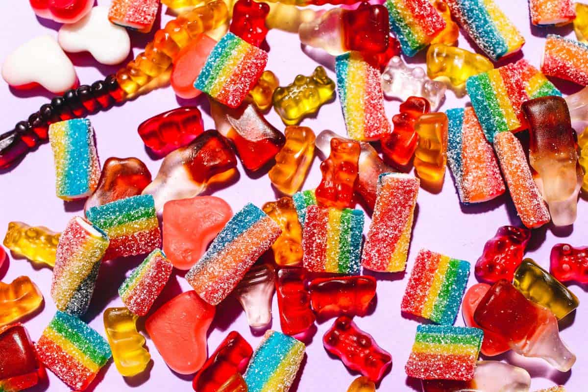 overhead shot of candies sprinkled on counter