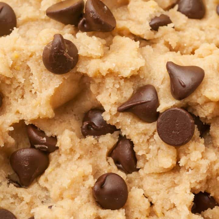 closeup of cookie dough with chocolate chips
