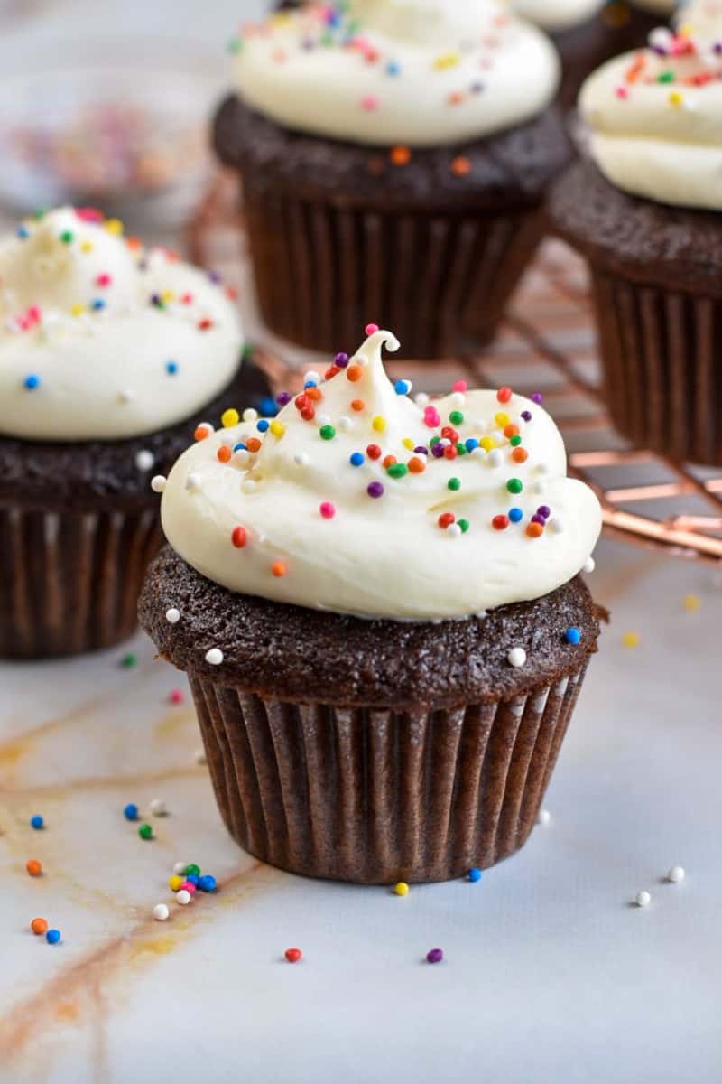 closeup of chocolate cupcake with frosting and sprinkles