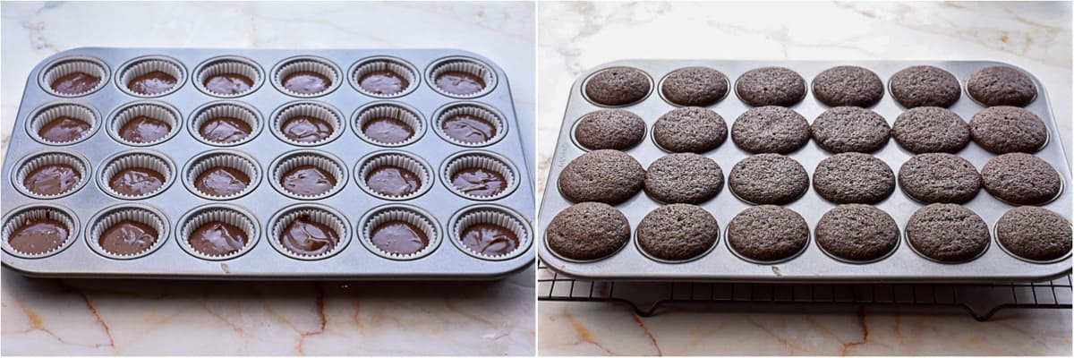 collage of two photos showing cupcakes before and after baking